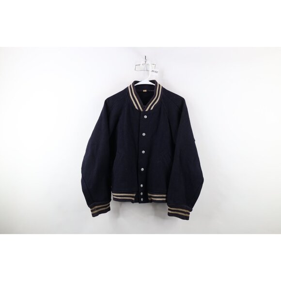 Vtg 50s Mens Medium Distressed Striped Wool Letterman Varsity Jacket Blue USA